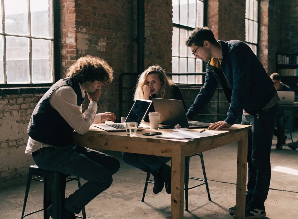 A small software team gathered around laptops at a shared table in a converted red-brick mill office in Leeds