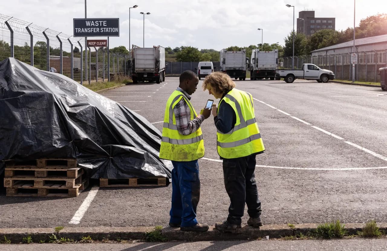 A founder in a yellow hi-vis vest talking with a waste-site operator at the edge of a transfer-station yard, one showing the other a phone