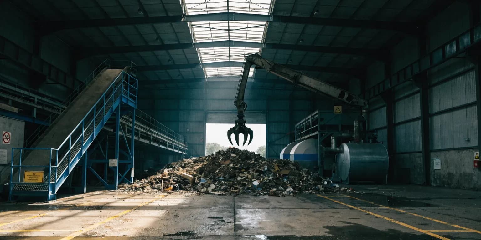 A grab crane suspended over a mountain of mixed waste inside a transfer station tipping hall, shafts of daylight cutting through the dust