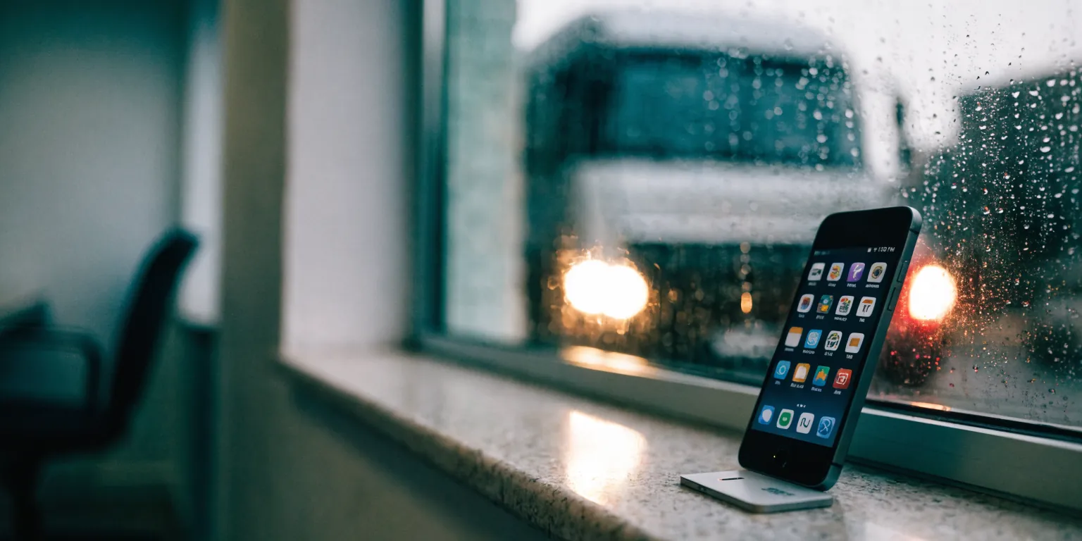 A scuffed budget Android phone propped on a weighbridge office windowsill at dusk, its screen glowing as a lorry's headlights pass outside