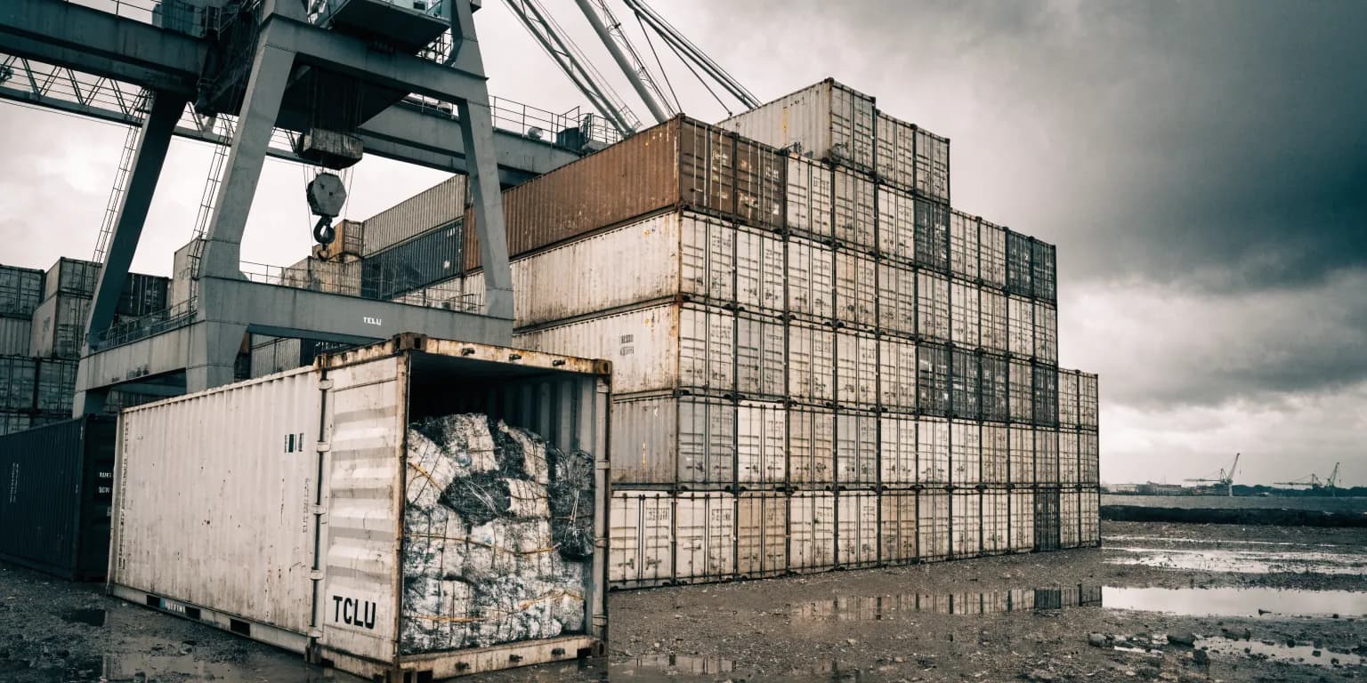 Stacked shipping containers at a grey UK port, one container door open to reveal baled recyclate, with customs paperwork held in the foreground