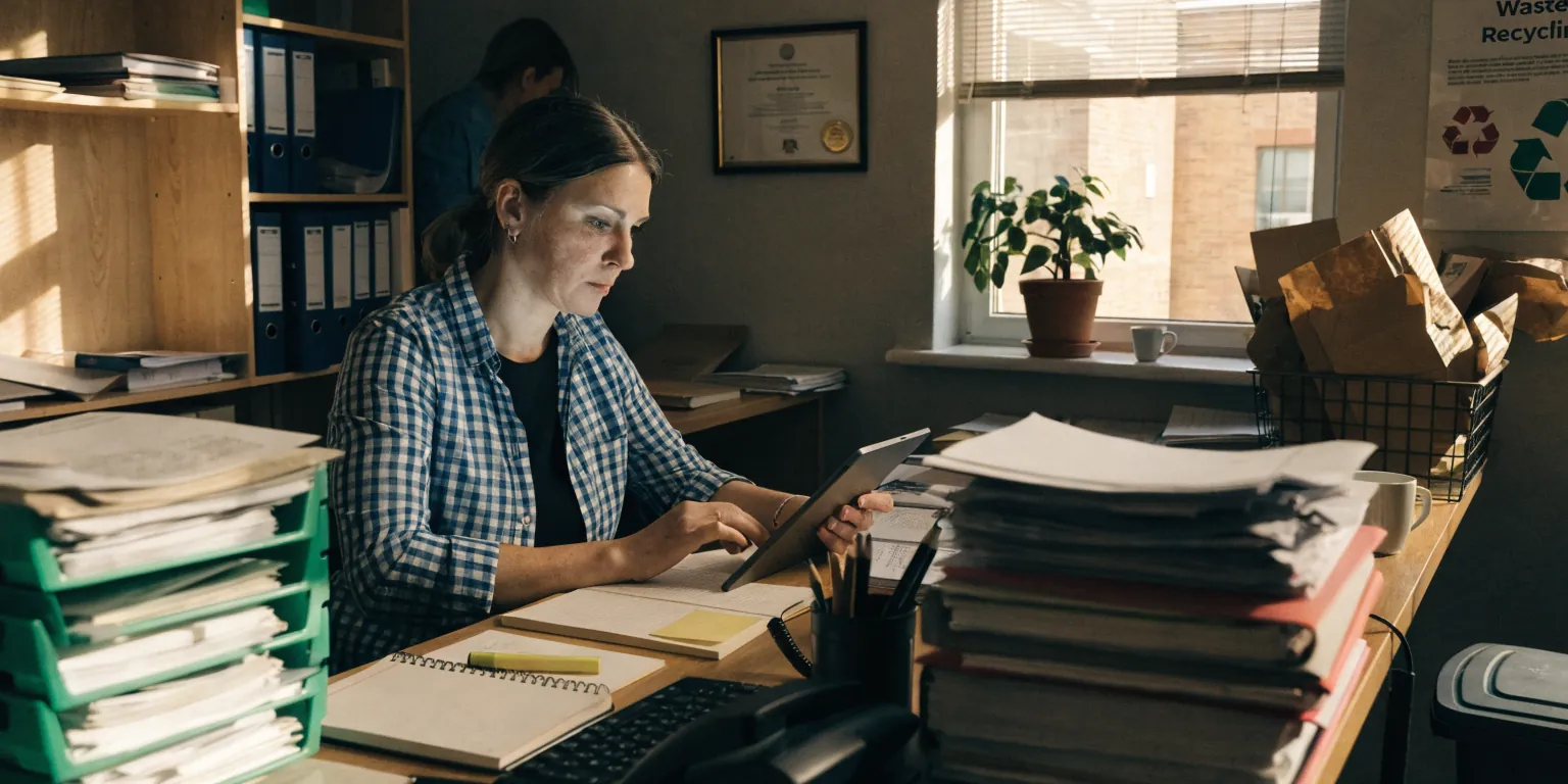 An office manager's hand hovering over a tablet on a waste operator's desk, a paper transfer-note pad beside it