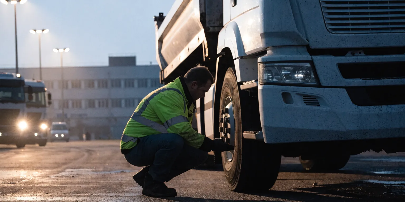 A driver crouched at the front wheel of a tipper wagon doing a torch-lit morning walkaround check, phone in his other hand