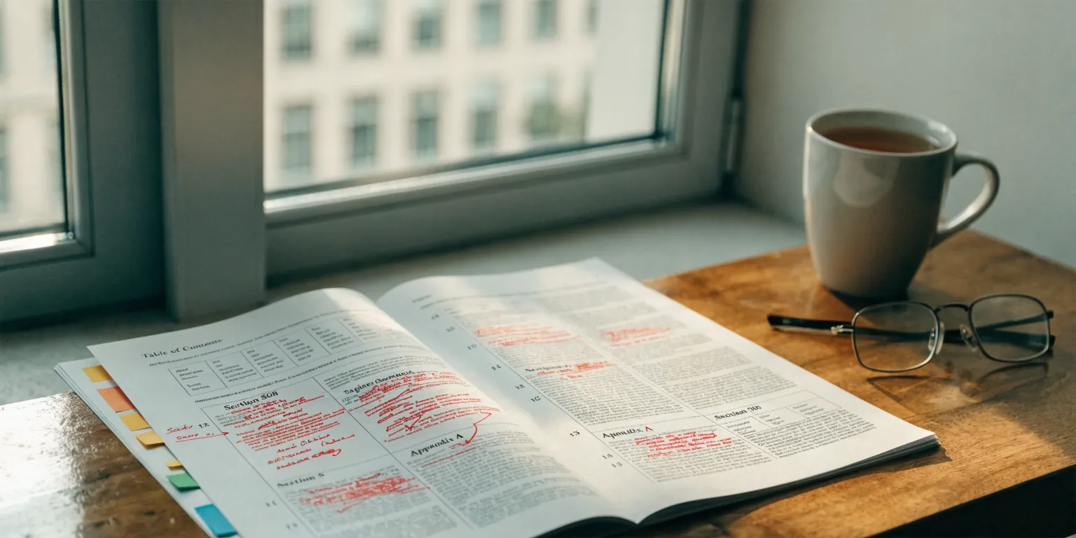A printed government technical specification marked up in red pen, with sticky tabs, reading glasses and a mug of tea beside it