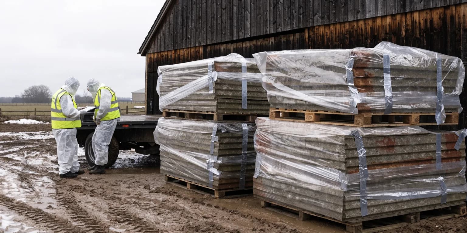 Two workers in protective suits and high visibility vests beside asbestos cement sheets wrapped in polythene on pallets outside a farm barn