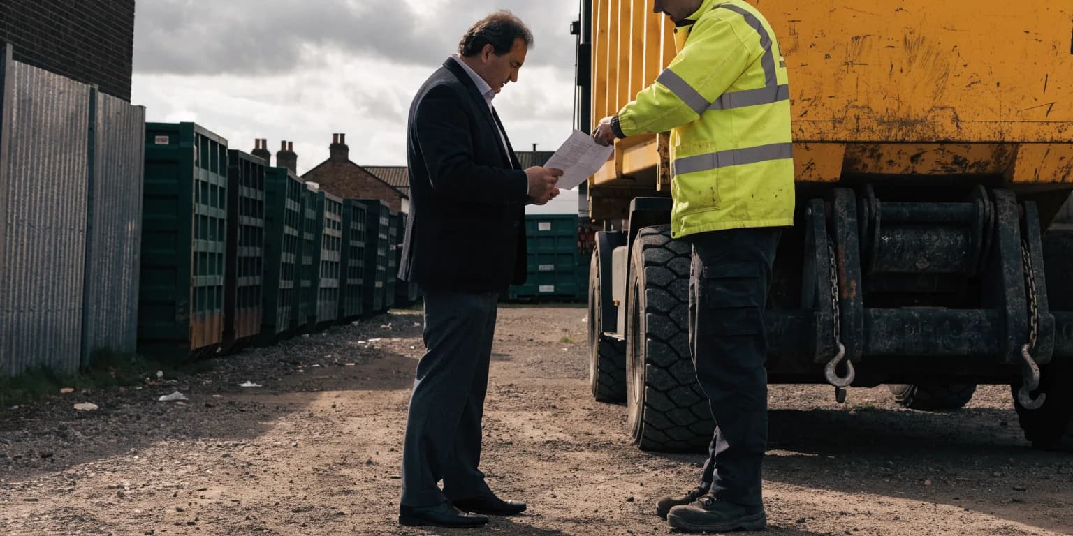 A man in a suit reading a document handed to him by a driver in a high visibility jacket, beside a skip vehicle in a yard
