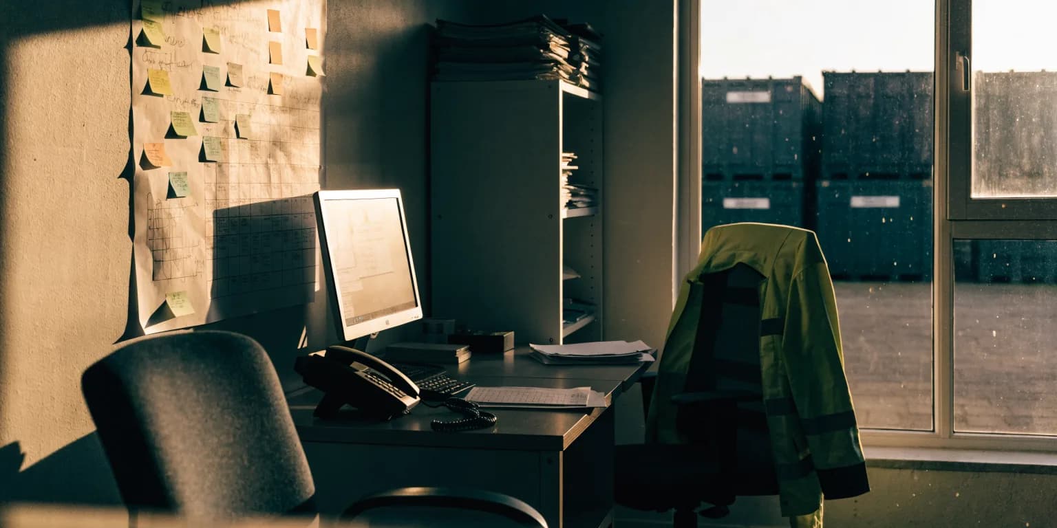 A small skip hire office with a year planner on the wall, a desk phone and a computer screen showing a list of jobs