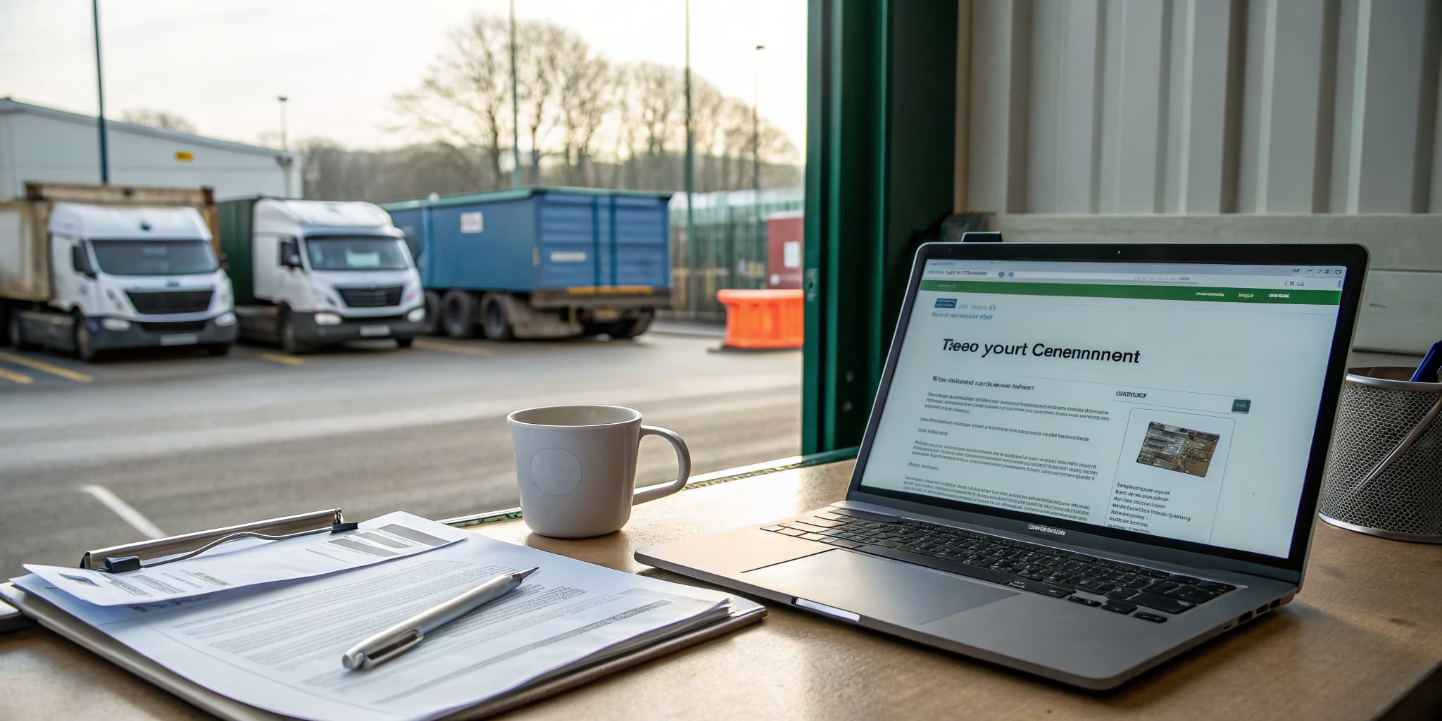 A laptop showing a government waste-tracking registration form next to an environmental permit document