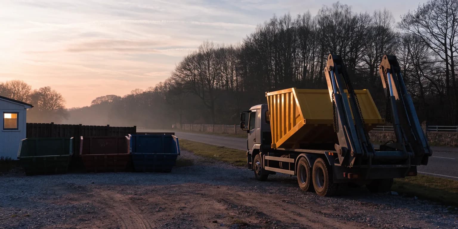 A single skip loader parked in a small yard at dawn, with a short line of empty skips beside it