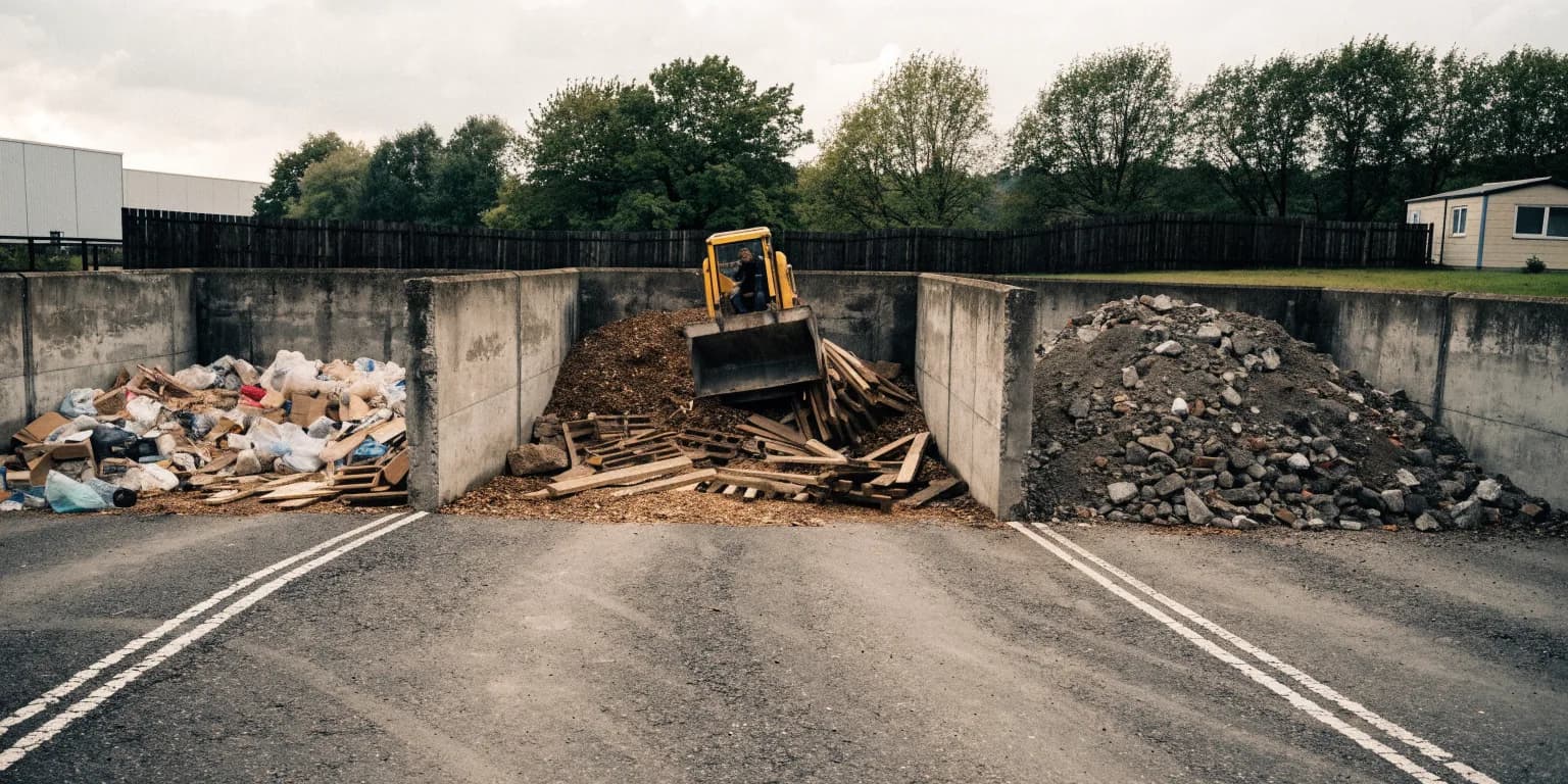 Concrete storage bays at a waste transfer site holding mixed waste, timber and rubble, with a loading shovel working the middle bay