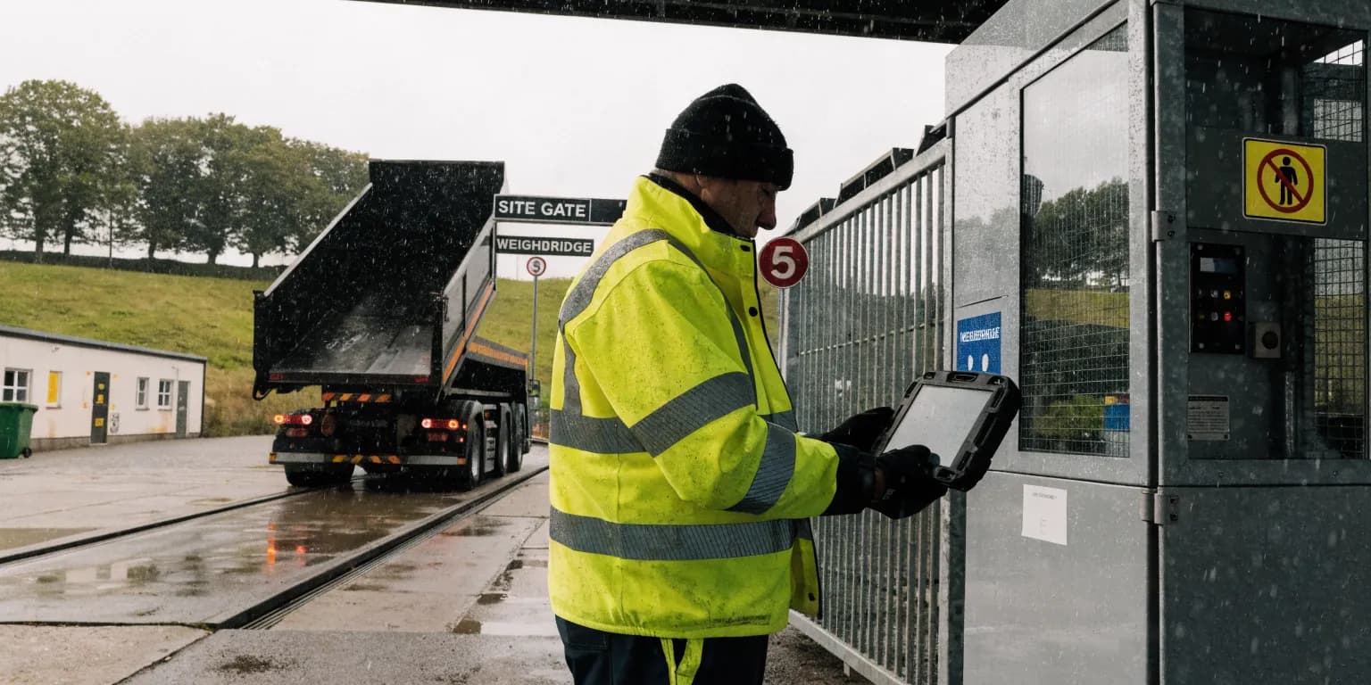 A gloved weighbridge operative holding a rugged tablet at a site gate kiosk in drizzle, a tipper lorry waiting on the weighbridge behind