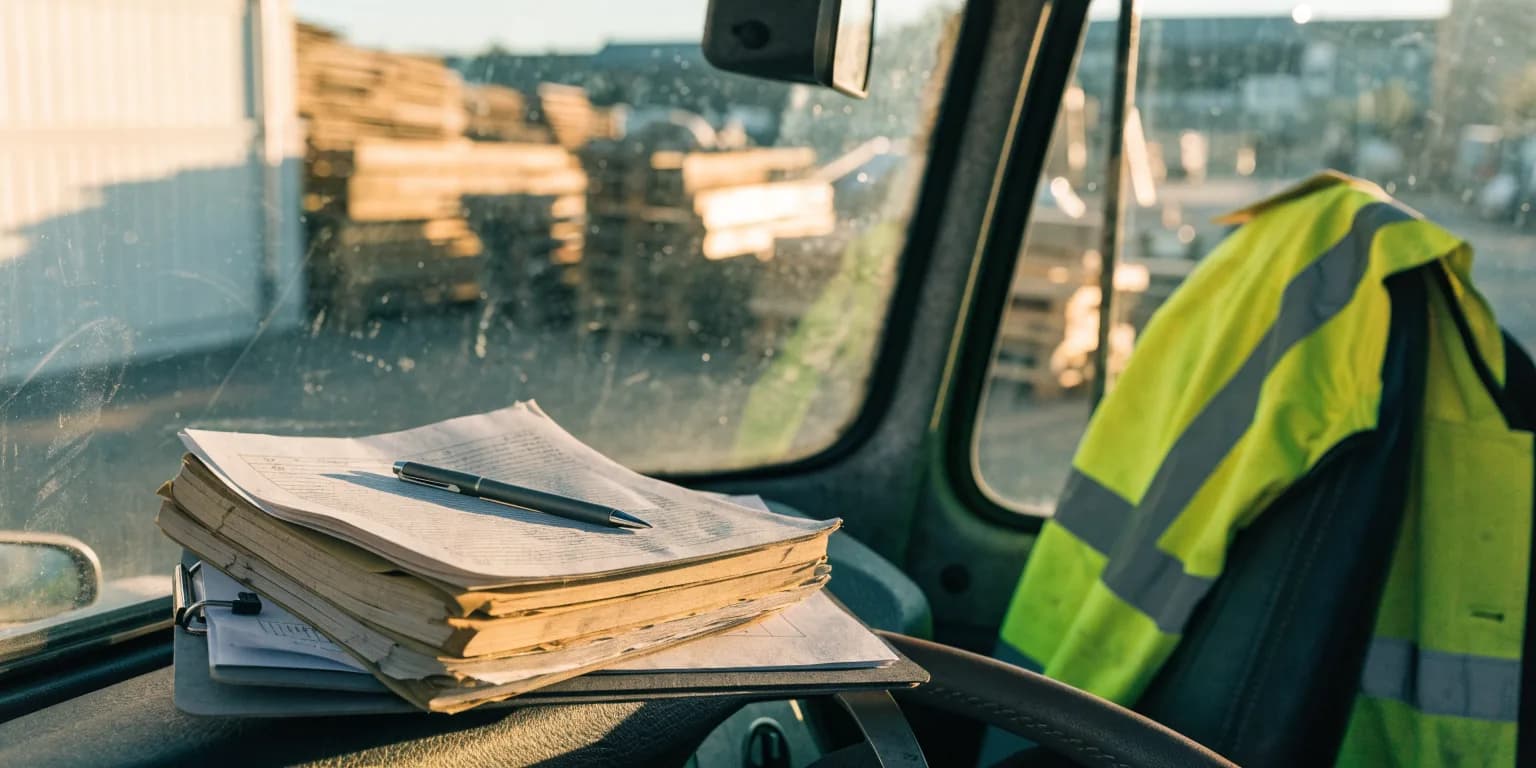 A stack of carbon-copy note books on the dashboard of a vehicle cab