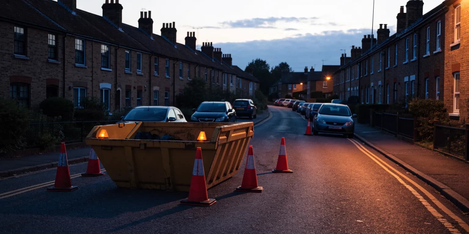 A skip parked on a residential street at dusk, with traffic cones and lit lamps around it