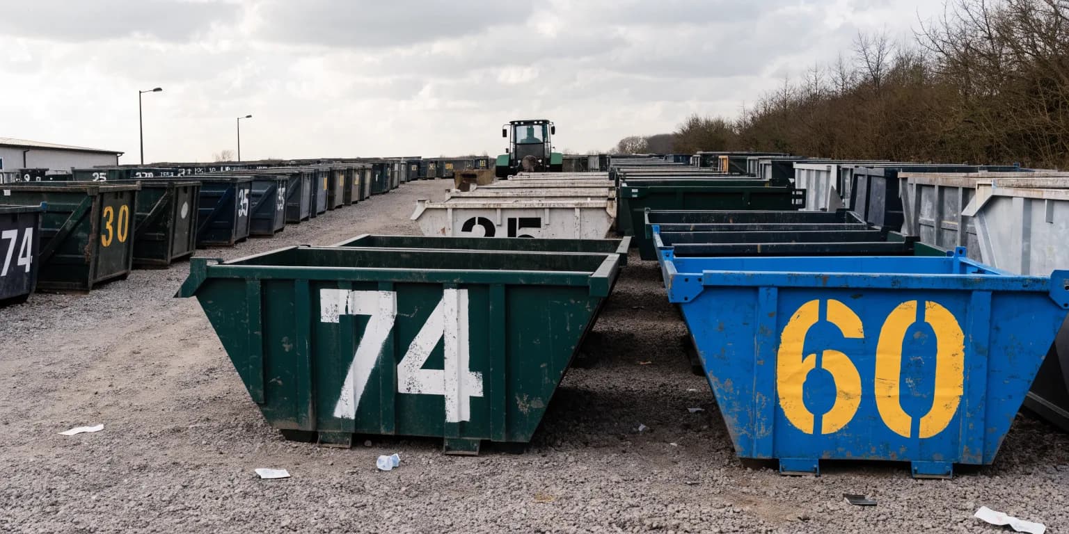 A skip hire yard with rows of empty steel skips, each with a large number painted on the side