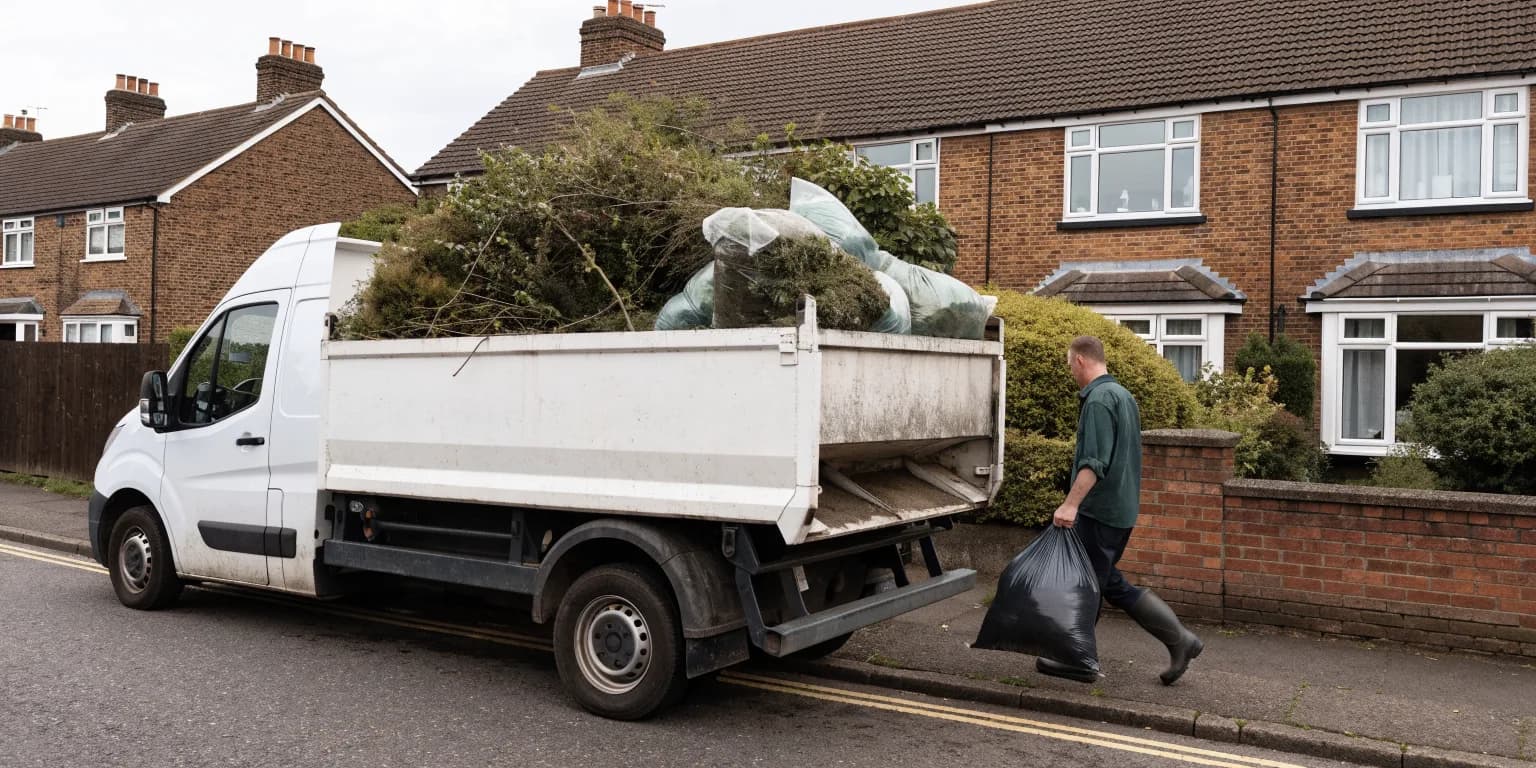 A white tipper van parked on a residential drive beside bags of hedge cuttings and garden waste from a clearance job