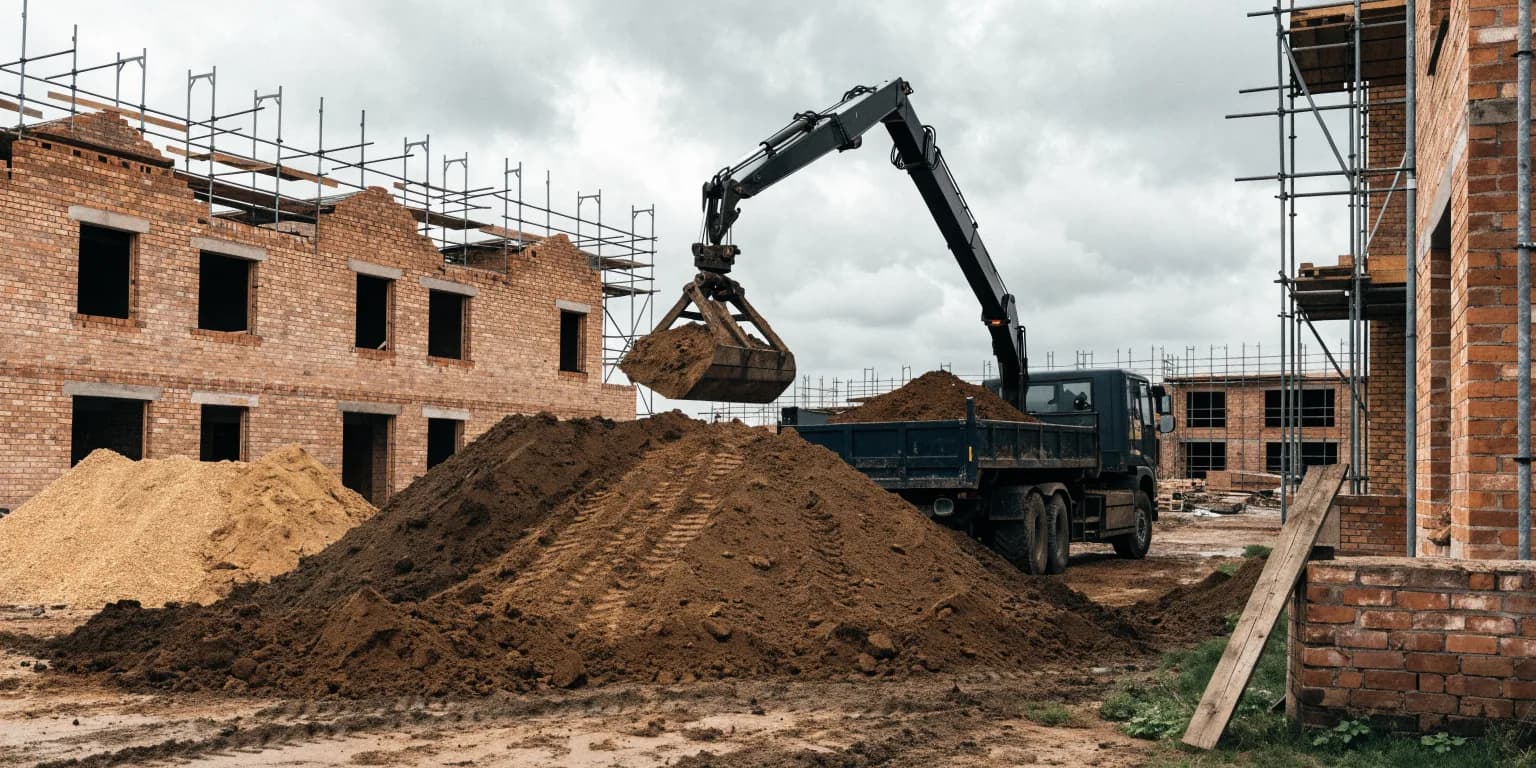 A grab lorry loading excavated soil from a heap on a new housing site, with half-built houses behind