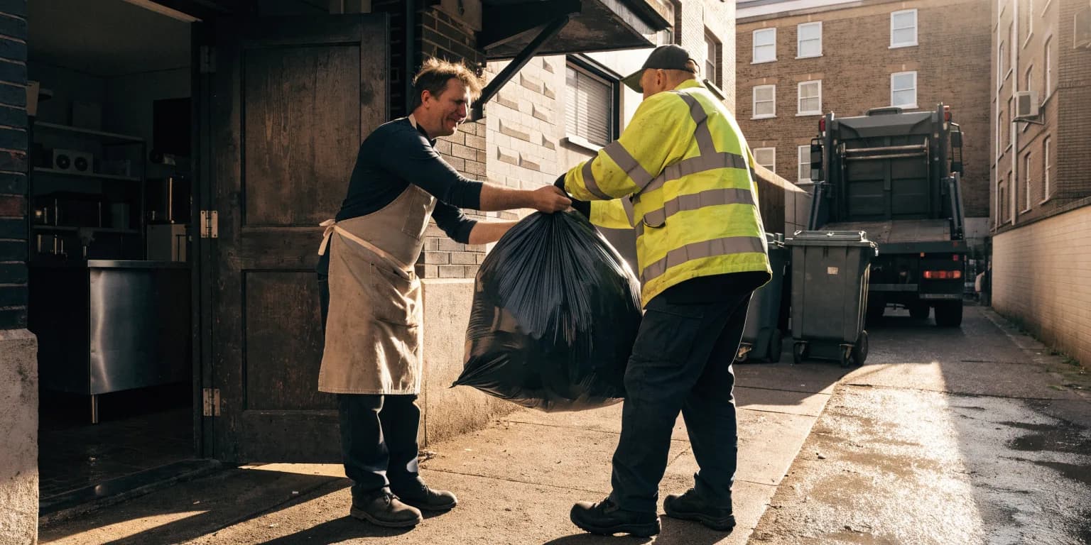 A shop owner at a back door handing a full sack to a waste collection crew, with their collection vehicle parked in the service lane