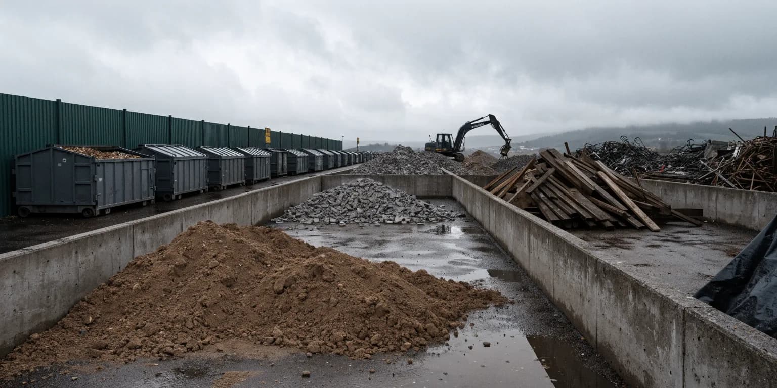 Sorted bays of soil, crushed concrete and timber at a waste transfer station on a wet day, with roll-on containers along the fence and a digger working behind