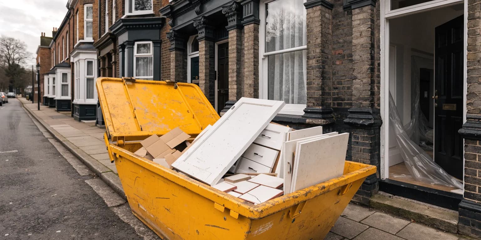 A skip outside a terraced house during a kitchen refit, with old kitchen units and worktops piled inside