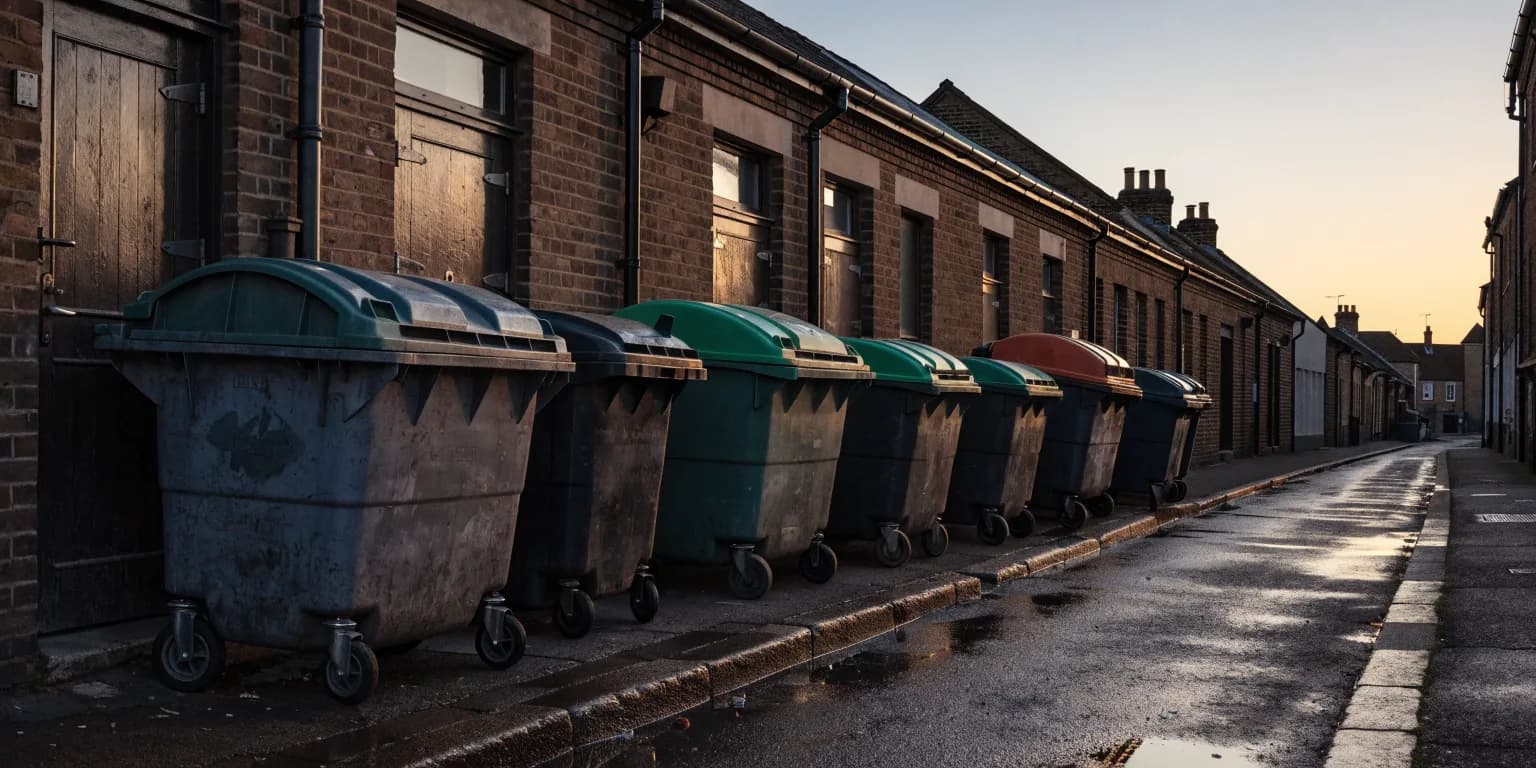 A row of wheeled trade bins lined up behind a parade of shops at dawn, with the shutters still down