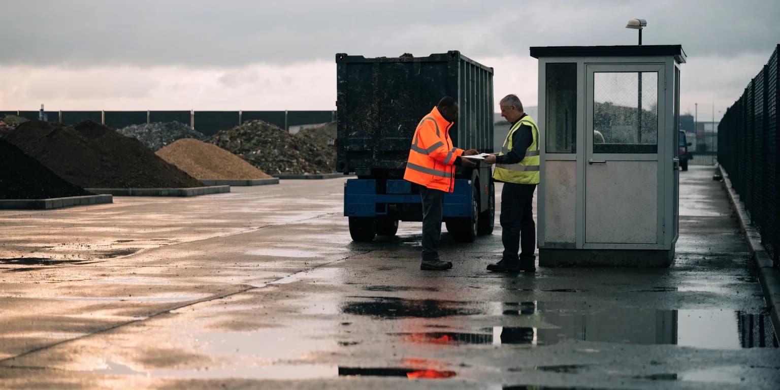 A driver in a high visibility jacket handing paperwork to a site manager beside the weighbridge cabin of a waste site, with the vehicle waiting behind