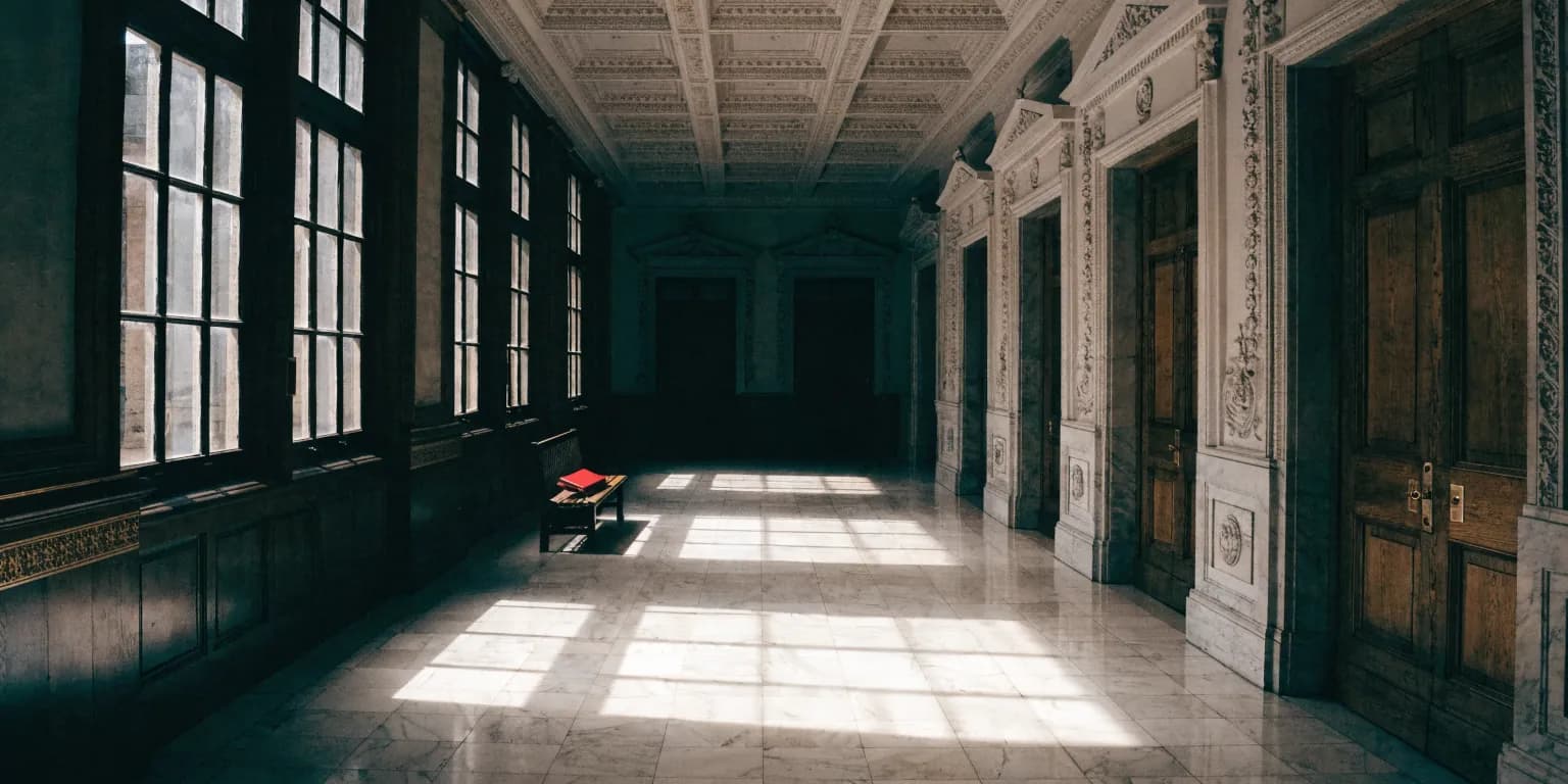 A long empty corridor in a British government building, a single red ministerial folder resting on a bench in a pool of window light