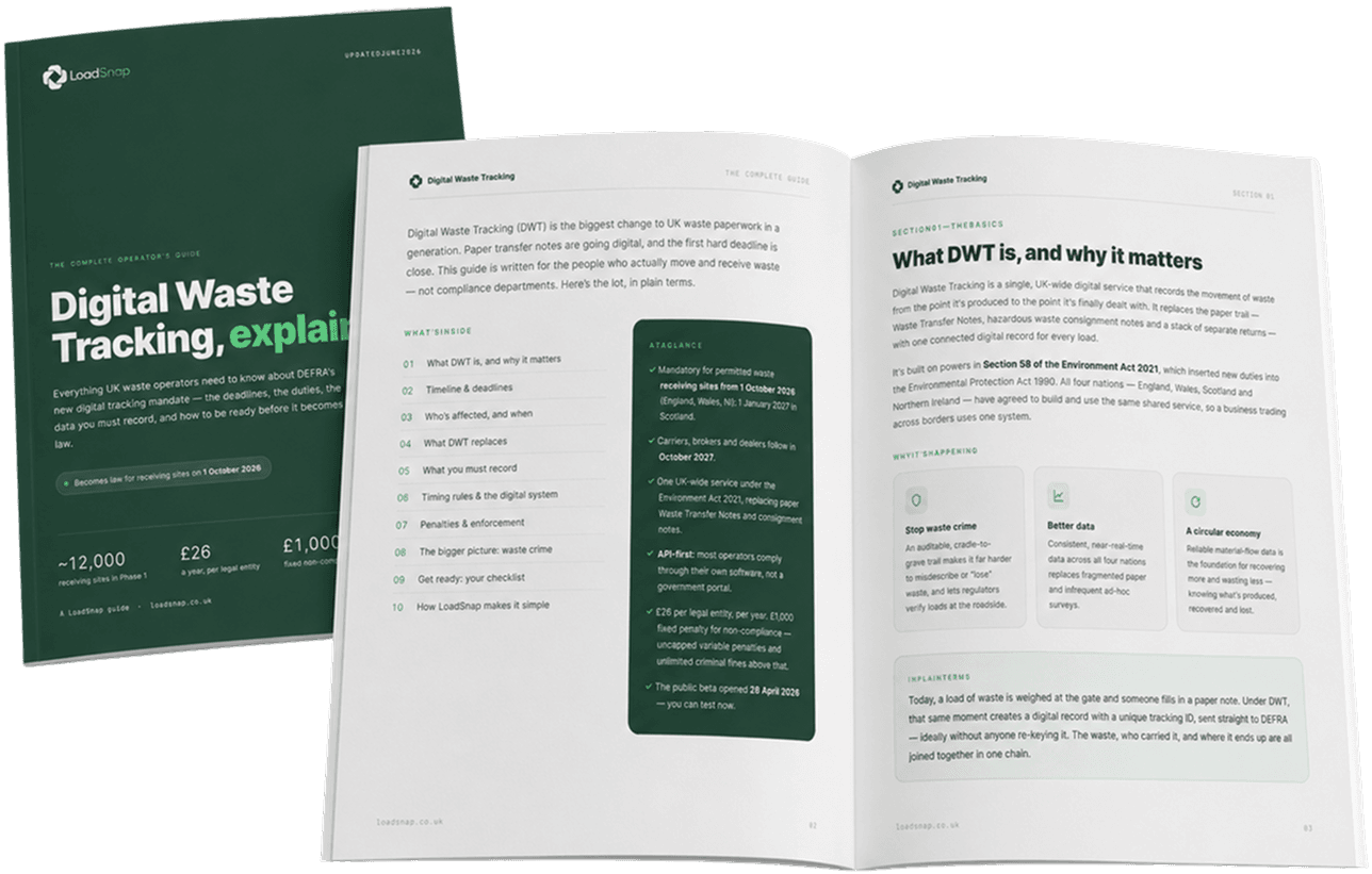The Digital Waste Tracking guide shown as a printed booklet: a dark-green cover titled 'Digital Waste Tracking, explained' beside open inside pages