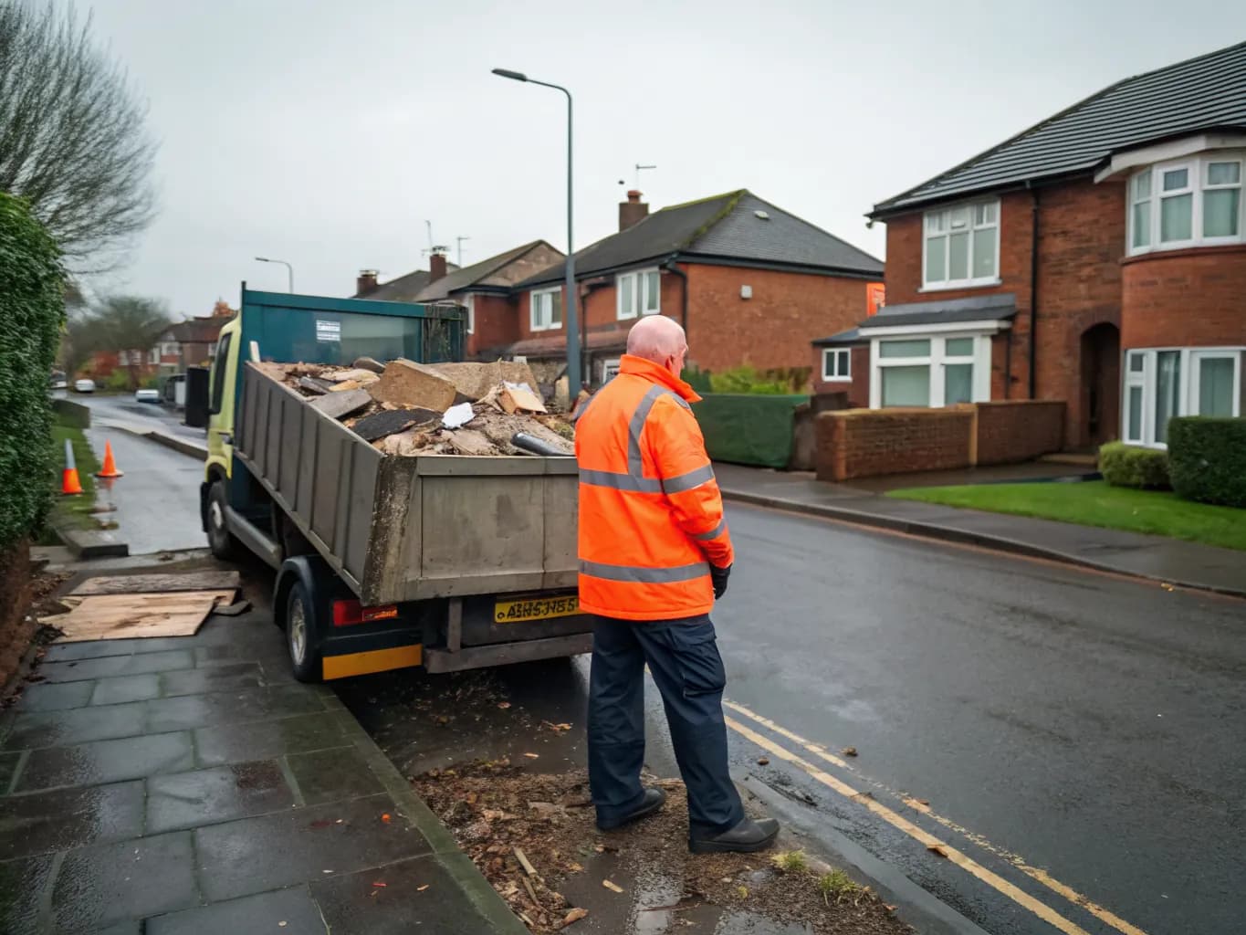 Driver in orange hi-vis beside his tipper truck assessing a pile of mixed waste left at a suburban kerbside