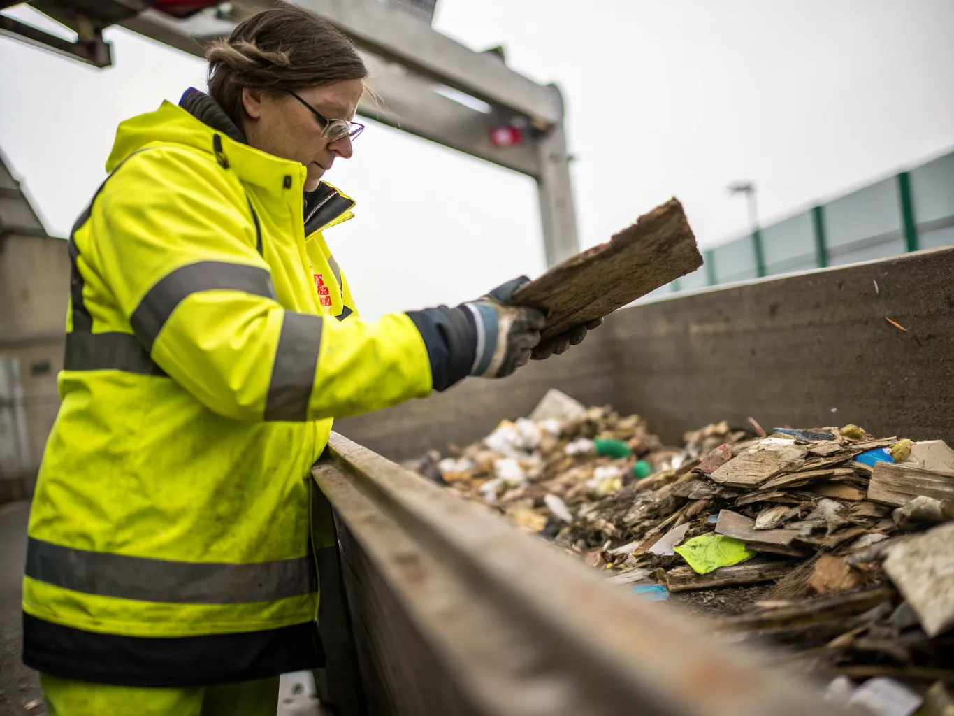 Waste operative in hi-vis and gloves sorting through mixed timber and rubble in a container at a transfer station