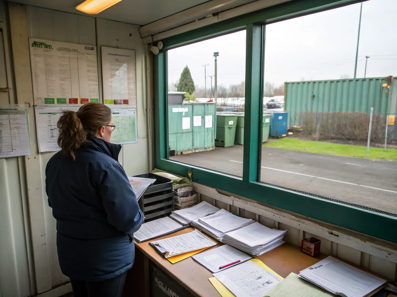Office coordinator with paperwork at a portacabin desk, window overlooking a waste yard with bins and containers