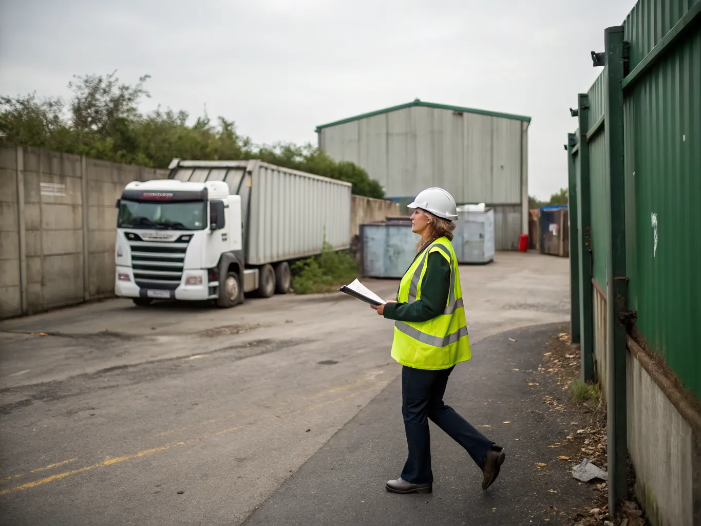 Site manager in hard hat and hi-vis carrying paperwork across a waste transfer station yard past a parked lorry