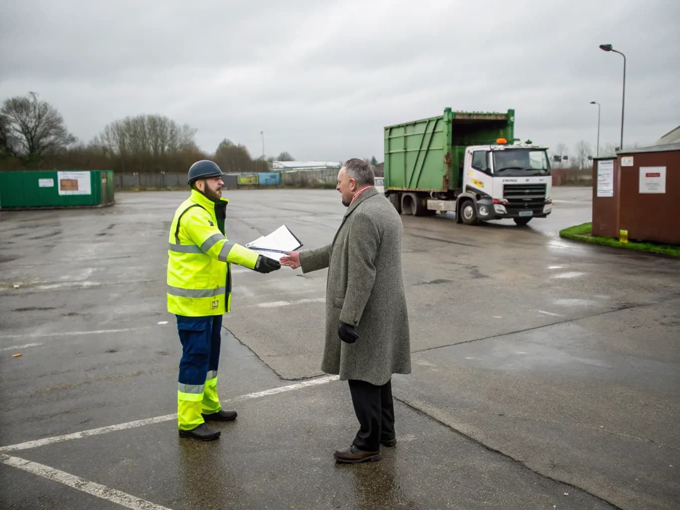 Waste company manager in hi-vis shaking hands with a client in an open yard, skip lorry parked behind them