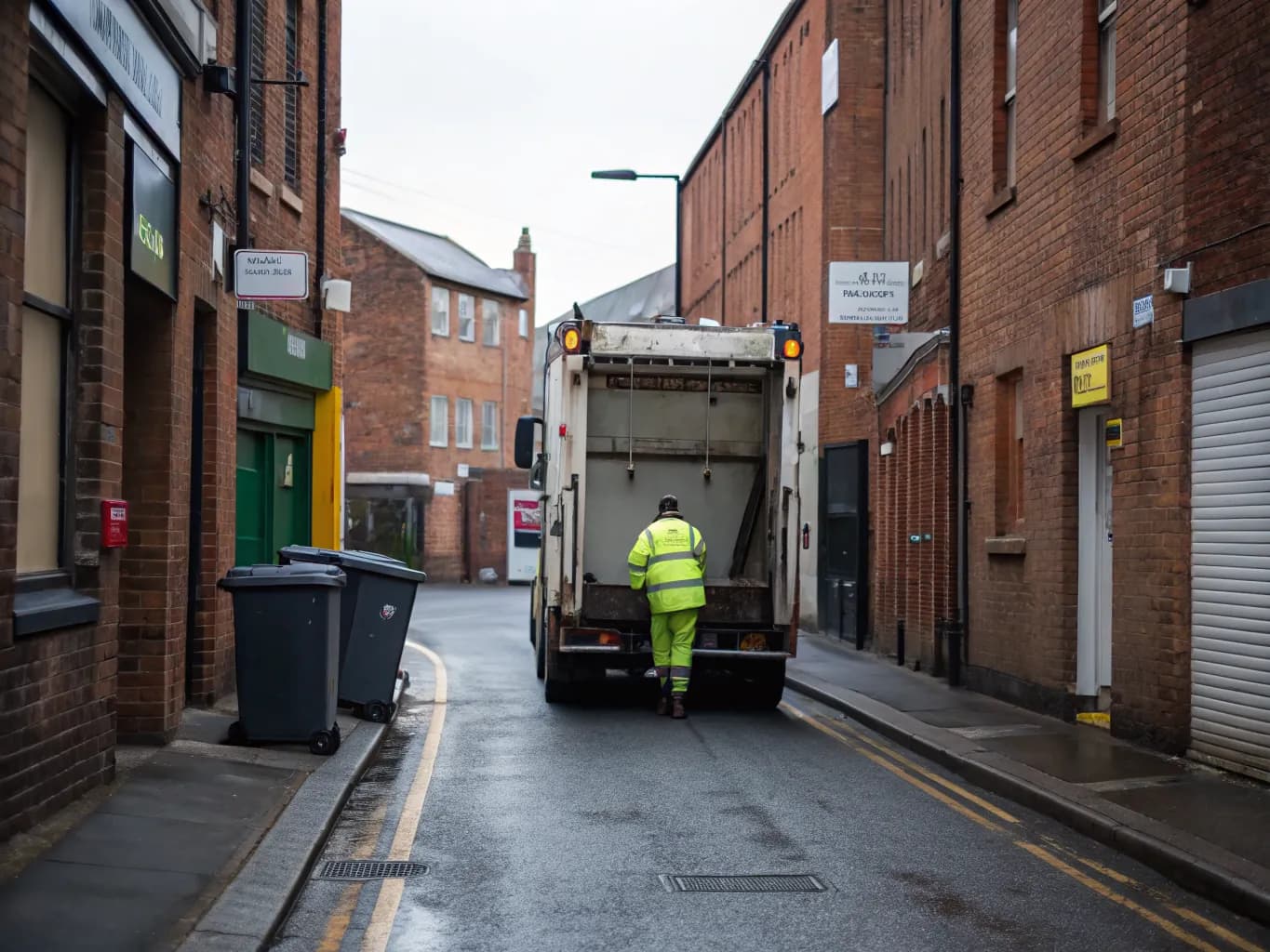 Refuse collection lorry on its regular round in a narrow brick service lane, operative in hi-vis walking behind