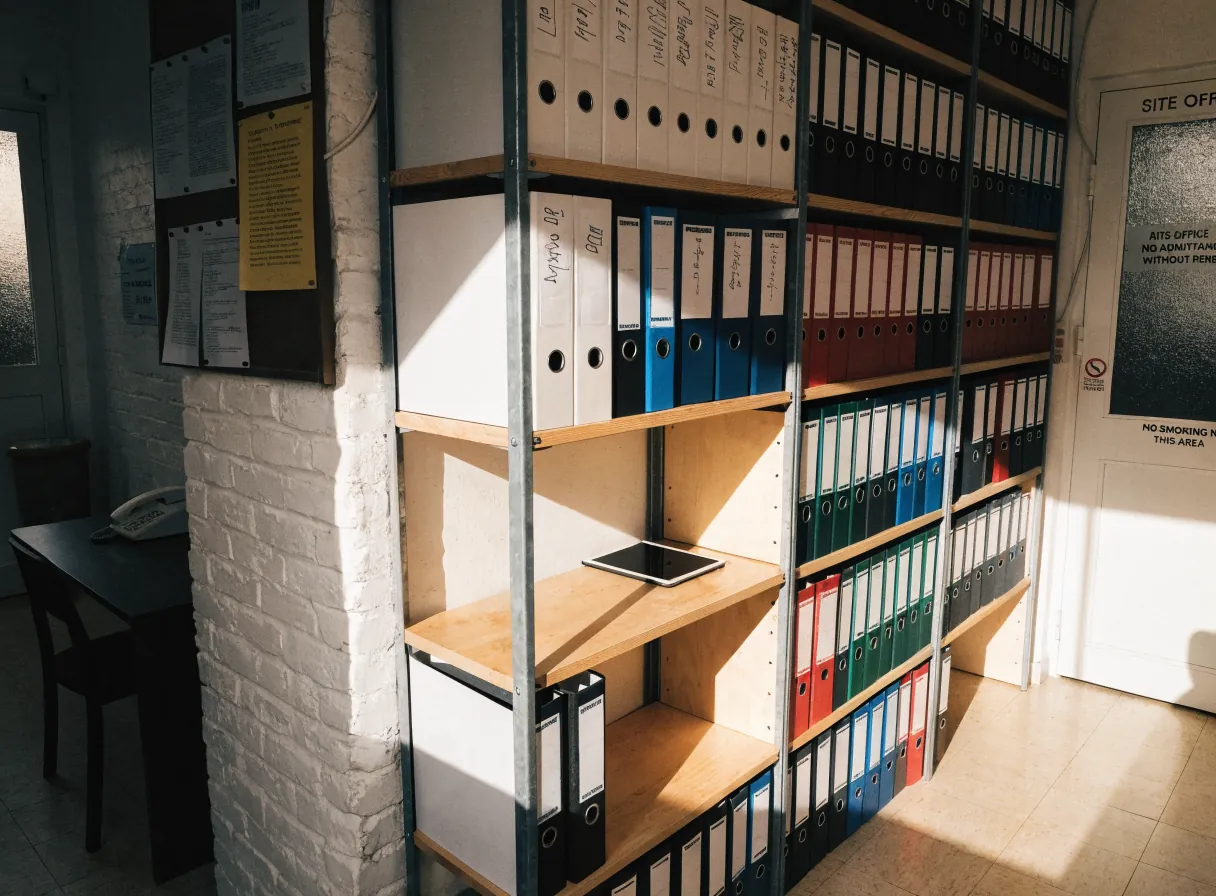 A wall of stuffed lever-arch files in a portacabin site office, one shelf empty except for a single tablet standing where the binders used to be
