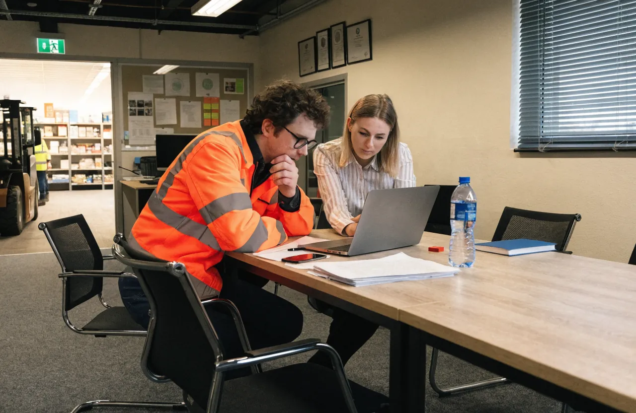 An operations manager turning a laptop screen towards an auditor at a depot meeting-room table, a thin folder beside them