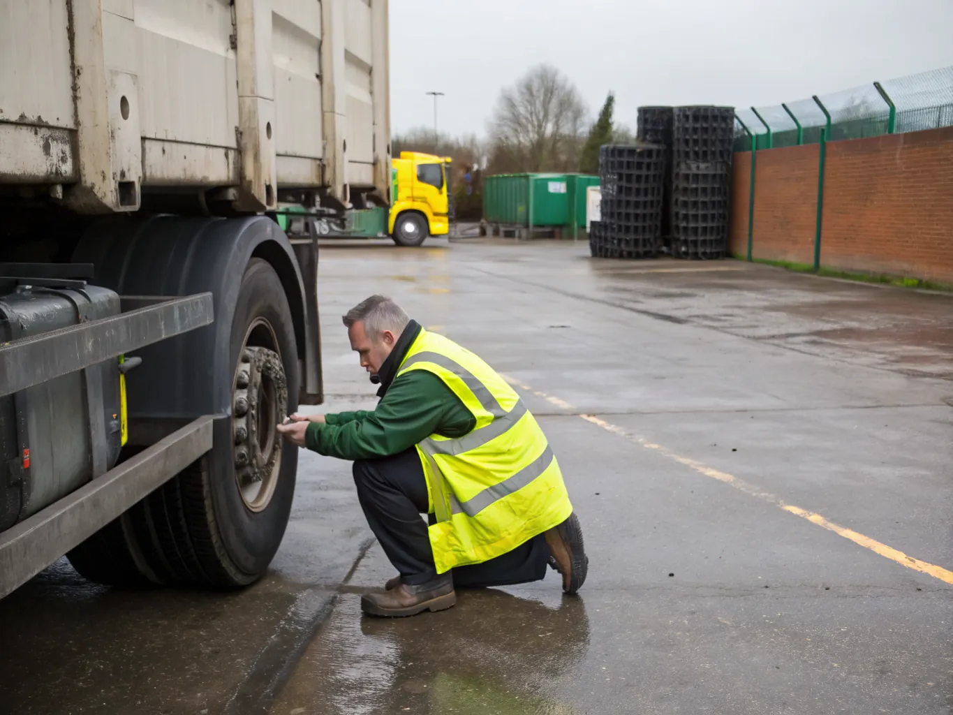 Driver in yellow hi-vis crouching to check the wheel of his lorry during a morning walkaround in a depot yard