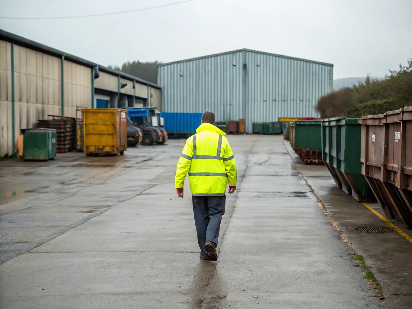 Driver in yellow hi-vis walking across a waste transfer station yard between rows of skips
