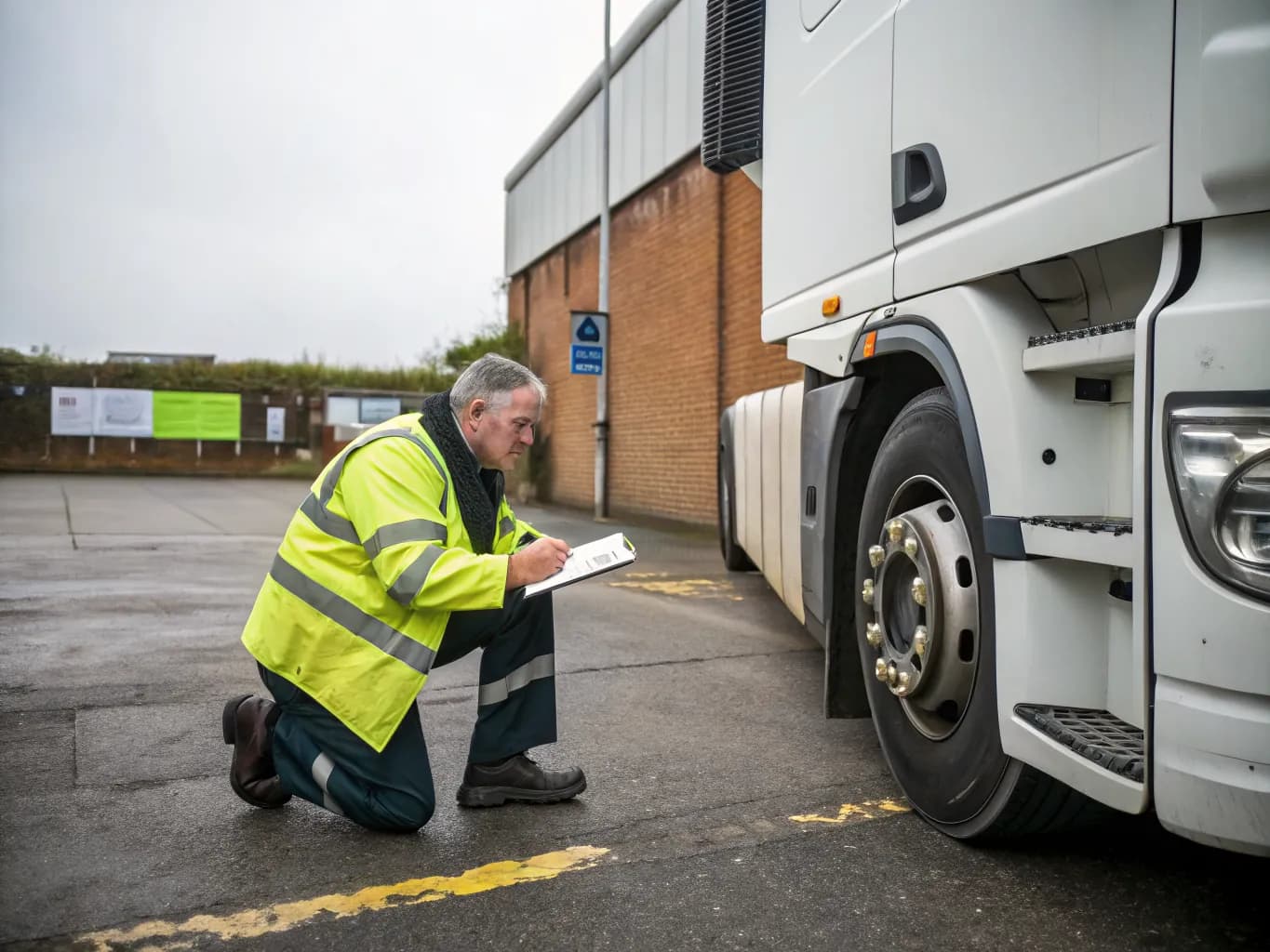 Driver in hi-vis kneeling by a lorry front wheel with a clipboard checklist during a walkaround vehicle check