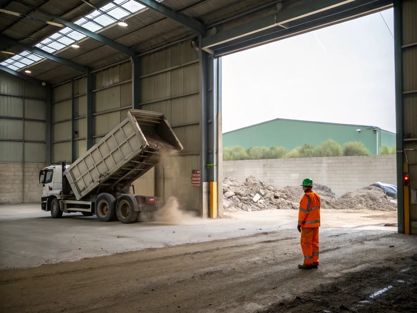 Tipper lorry unloading waste inside a transfer station hall while a site operative in hi-vis supervises