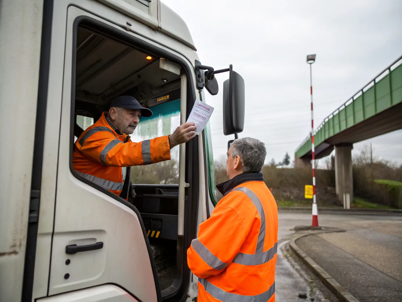 Gate operative handing a printed paper ticket up to a lorry driver through the open cab window