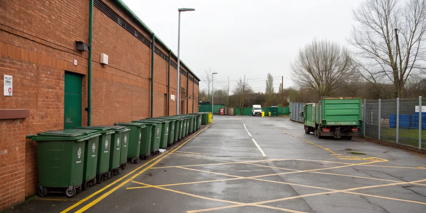 Wide view of a service yard behind an industrial unit with a row of commercial bins and a collection lorry