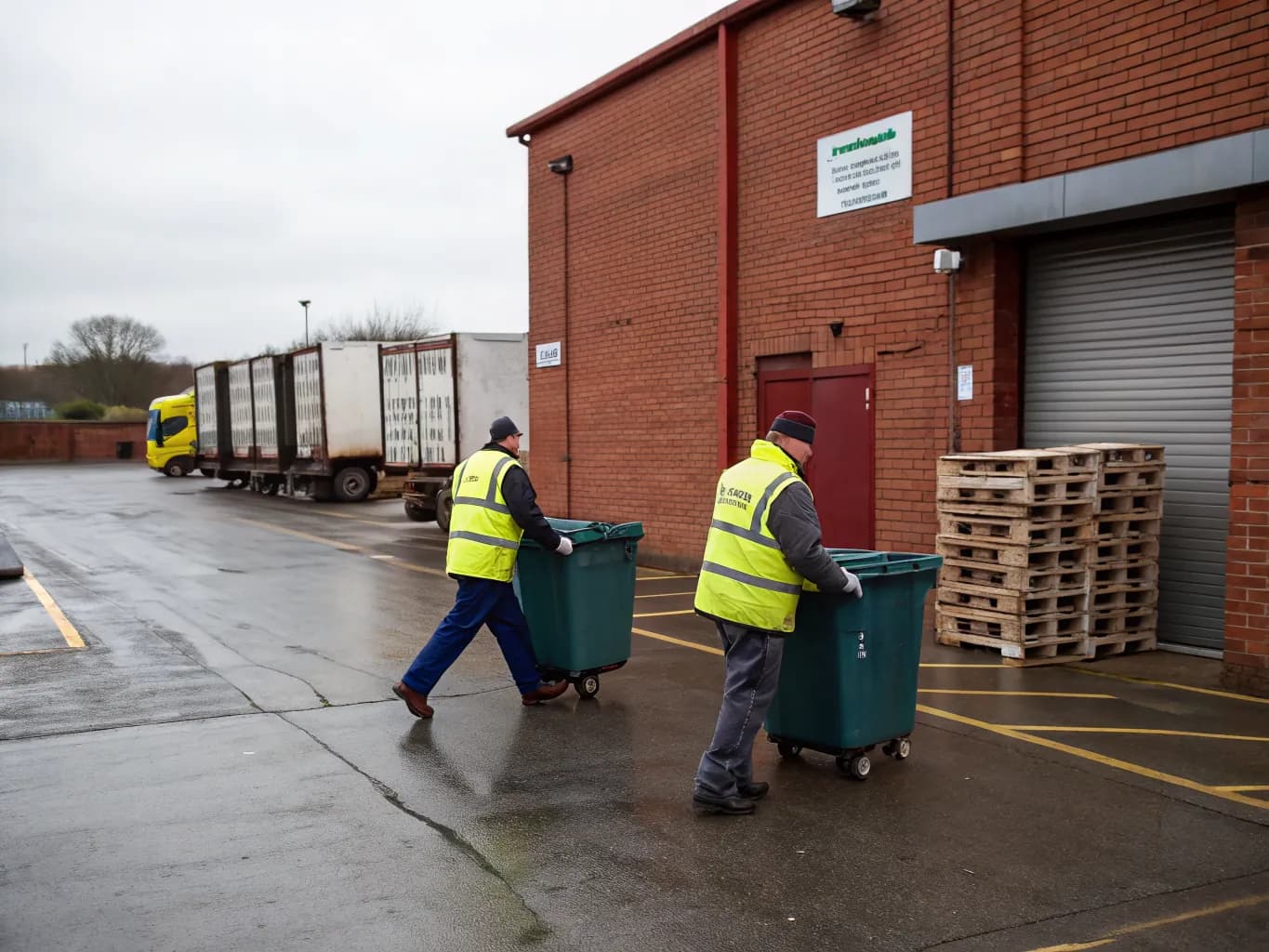 Two collection crew in hi-vis wheeling commercial bins across a brick-walled service yard towards their lorry