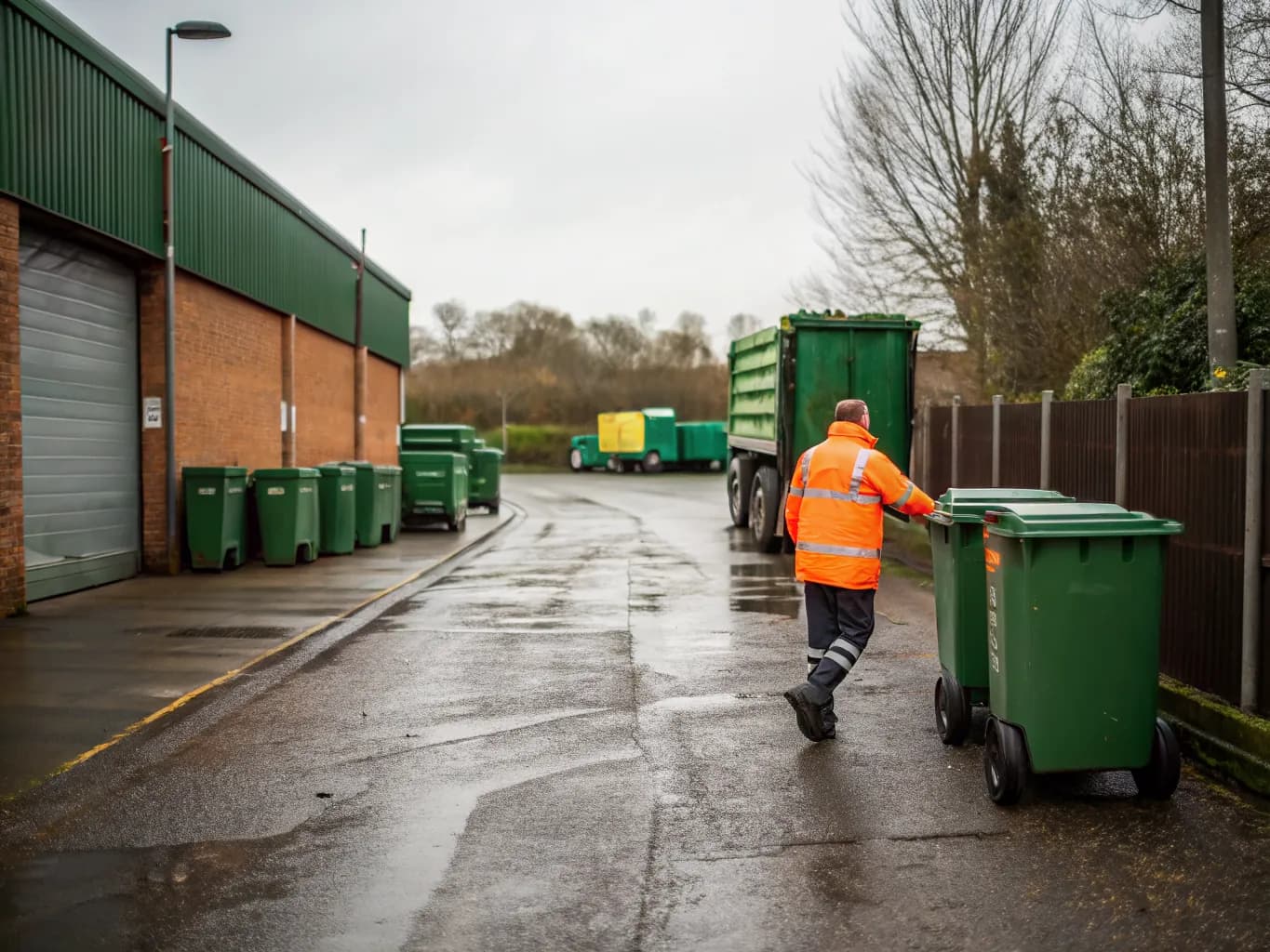 Driver in orange hi-vis at the rear of his collection lorry in a wet yard lined with green wheelie bins