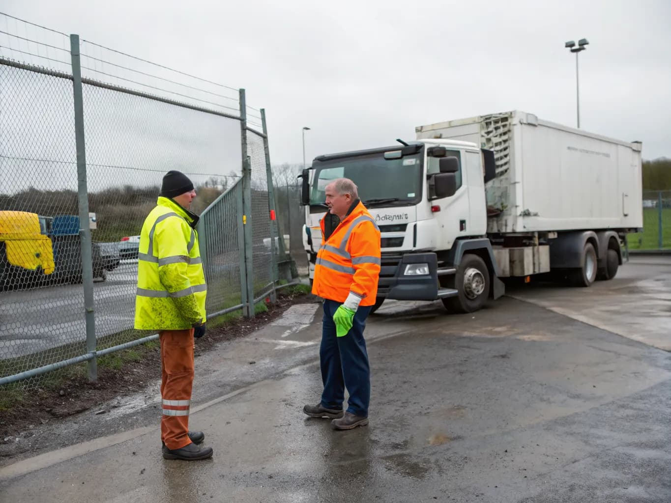 Lorry driver and yard operative in hi-vis talking beside a tipper lorry at a waste transfer station fence