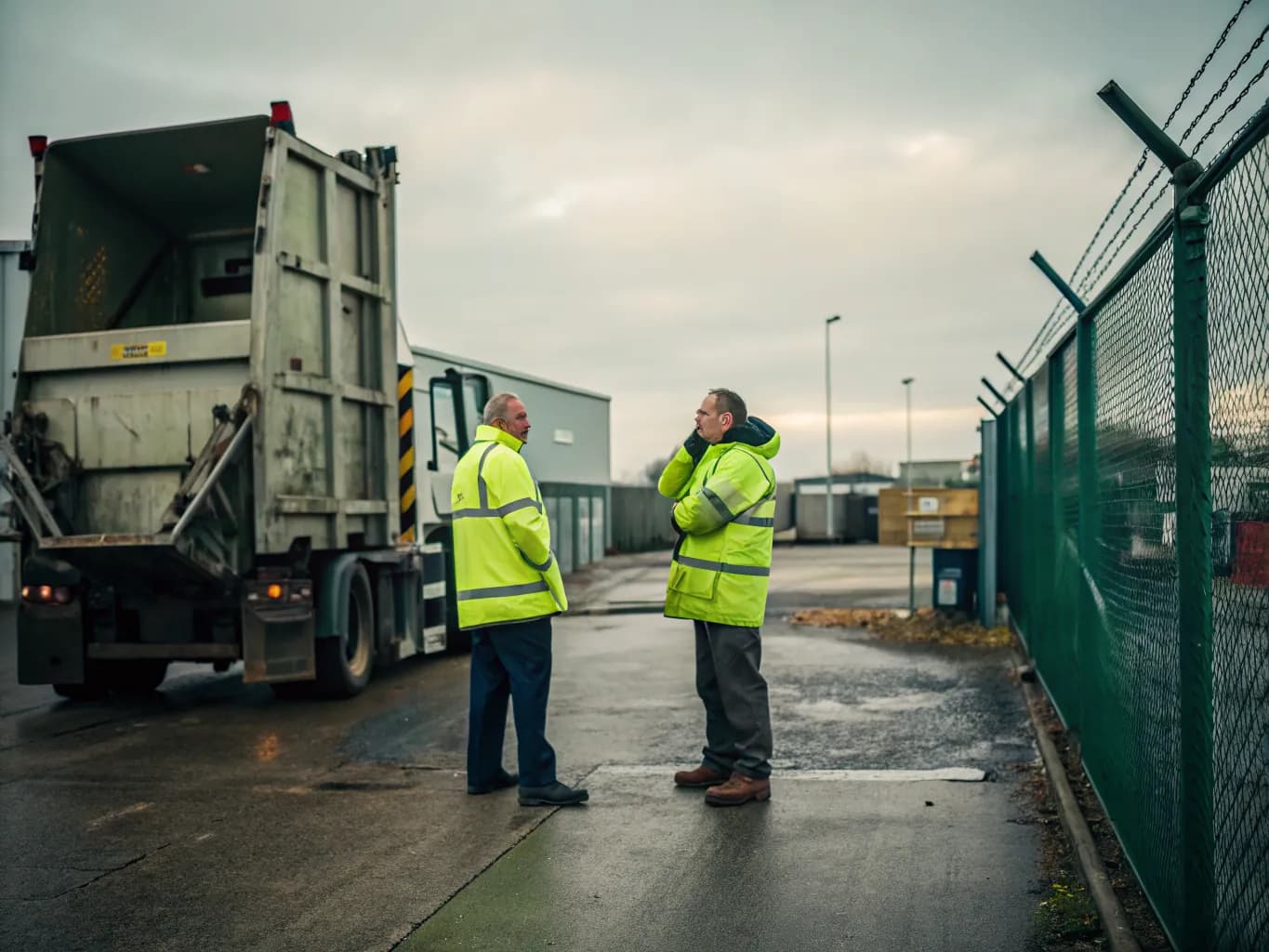 Two waste operatives in hi-vis jackets talking beside a refuse lorry in a fenced depot yard