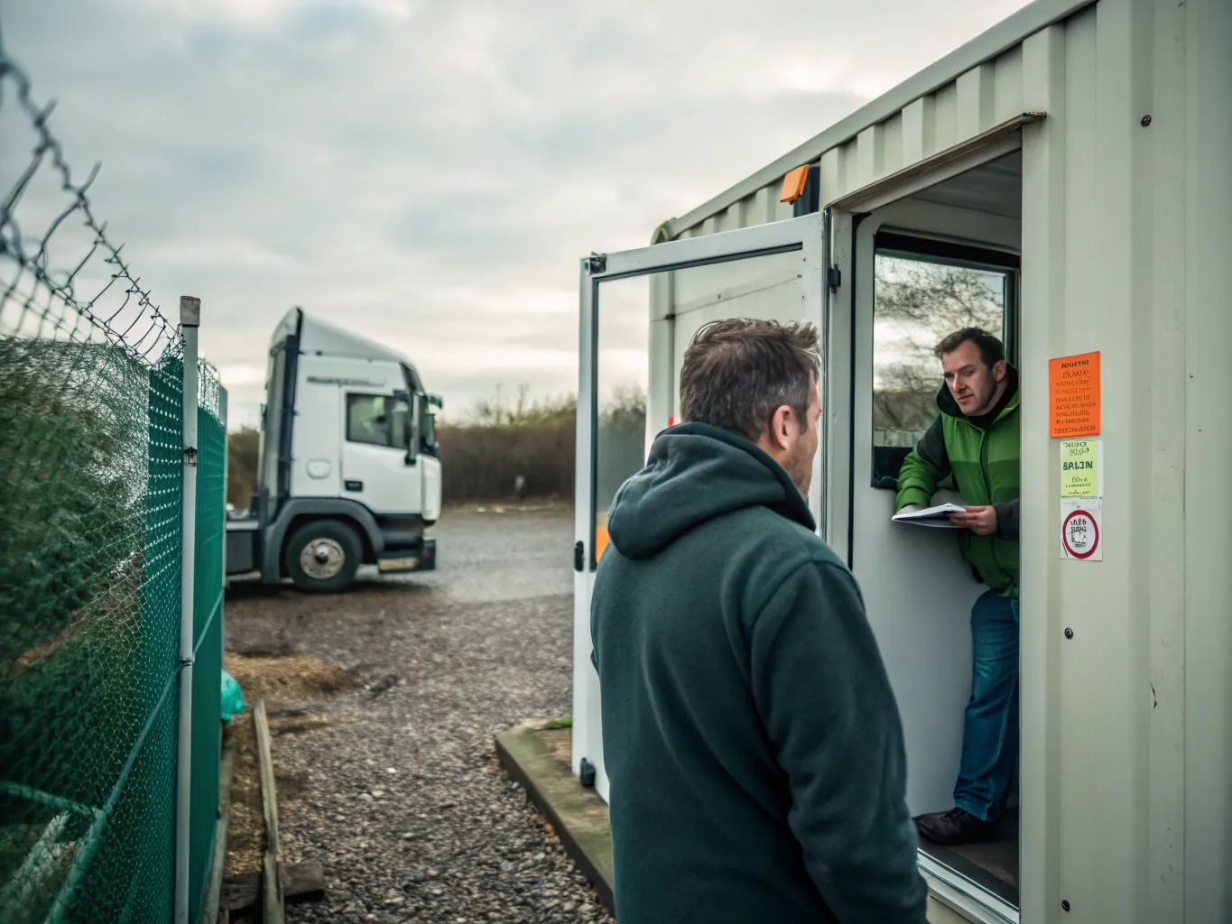 Office coordinator at a portacabin door talking with a driver holding paperwork, lorry parked in the yard behind