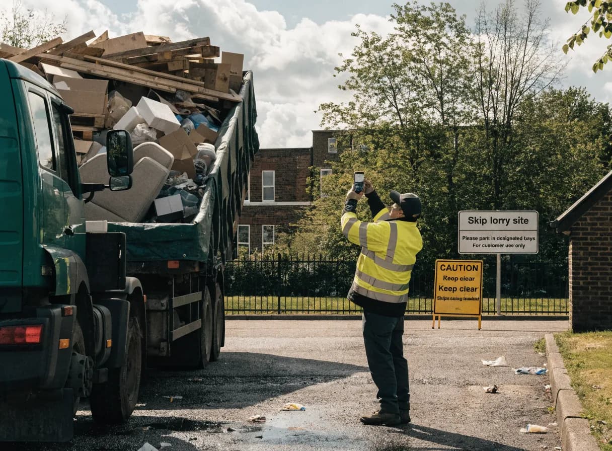 A driver's hand holding a phone up in front of an open skip of mixed waste, the camera view glowing as the load is classified