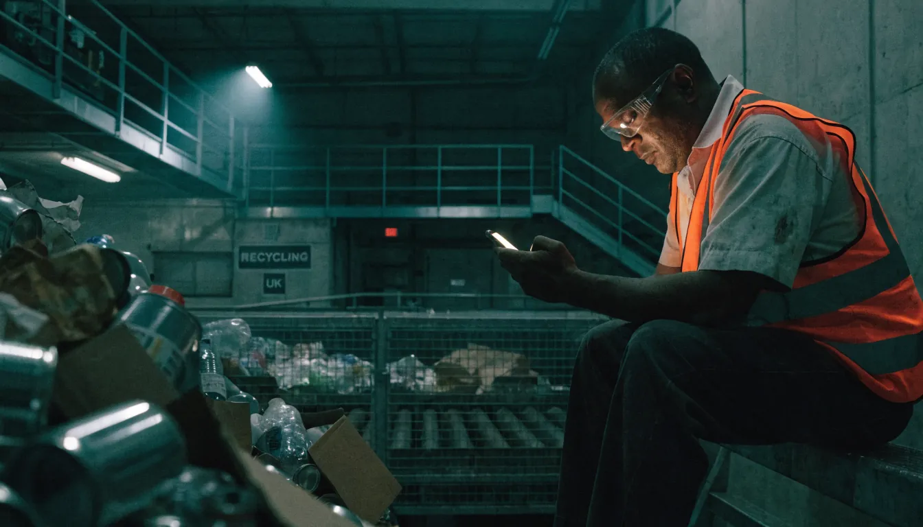 Close-up of a phone held over a skip, a green confidence bar reflected in the driver's safety glasses as the classifier returns a result