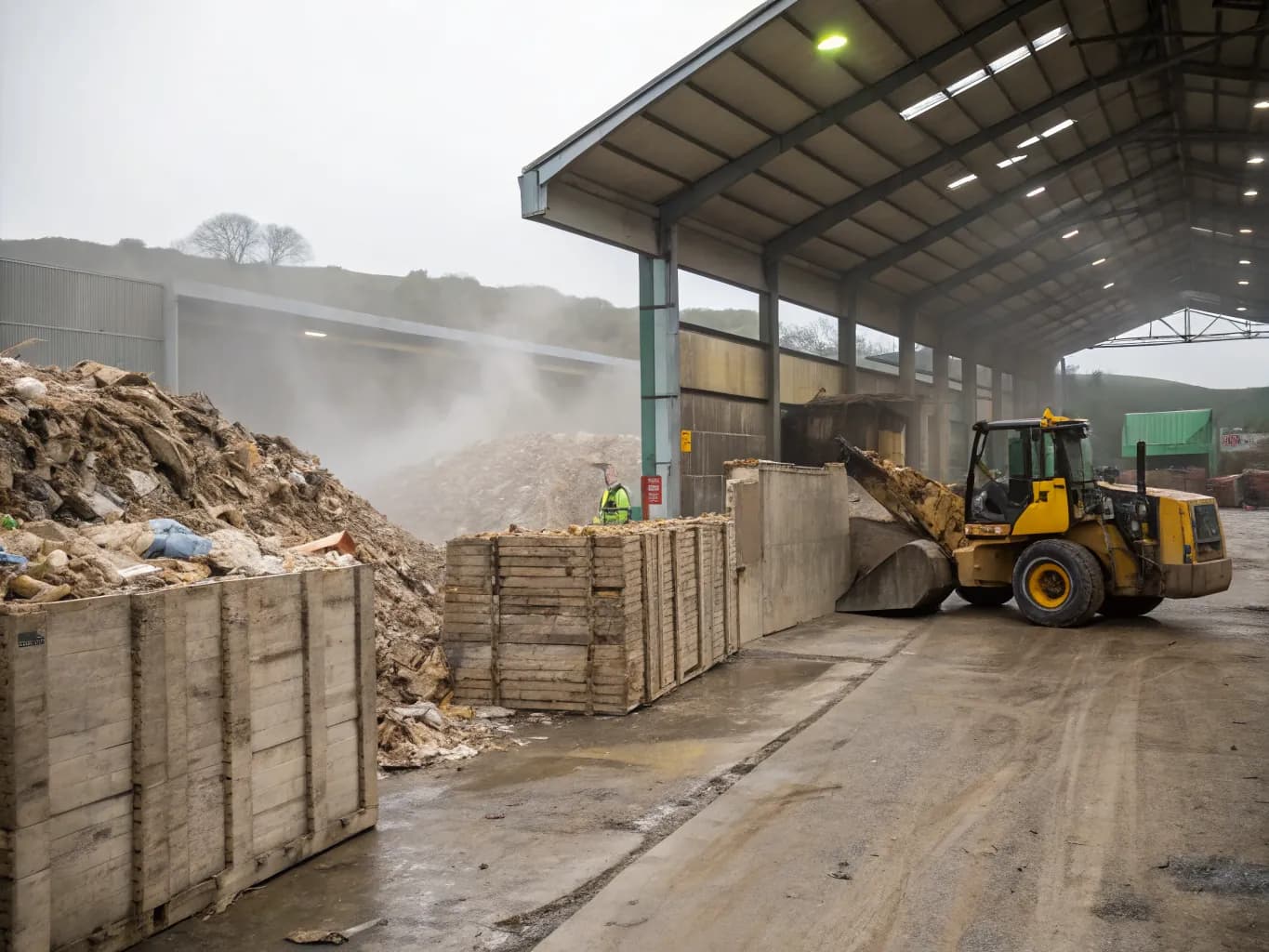 Separated waste streams in concrete bays inside a recovery facility, with a loading shovel working one bay.