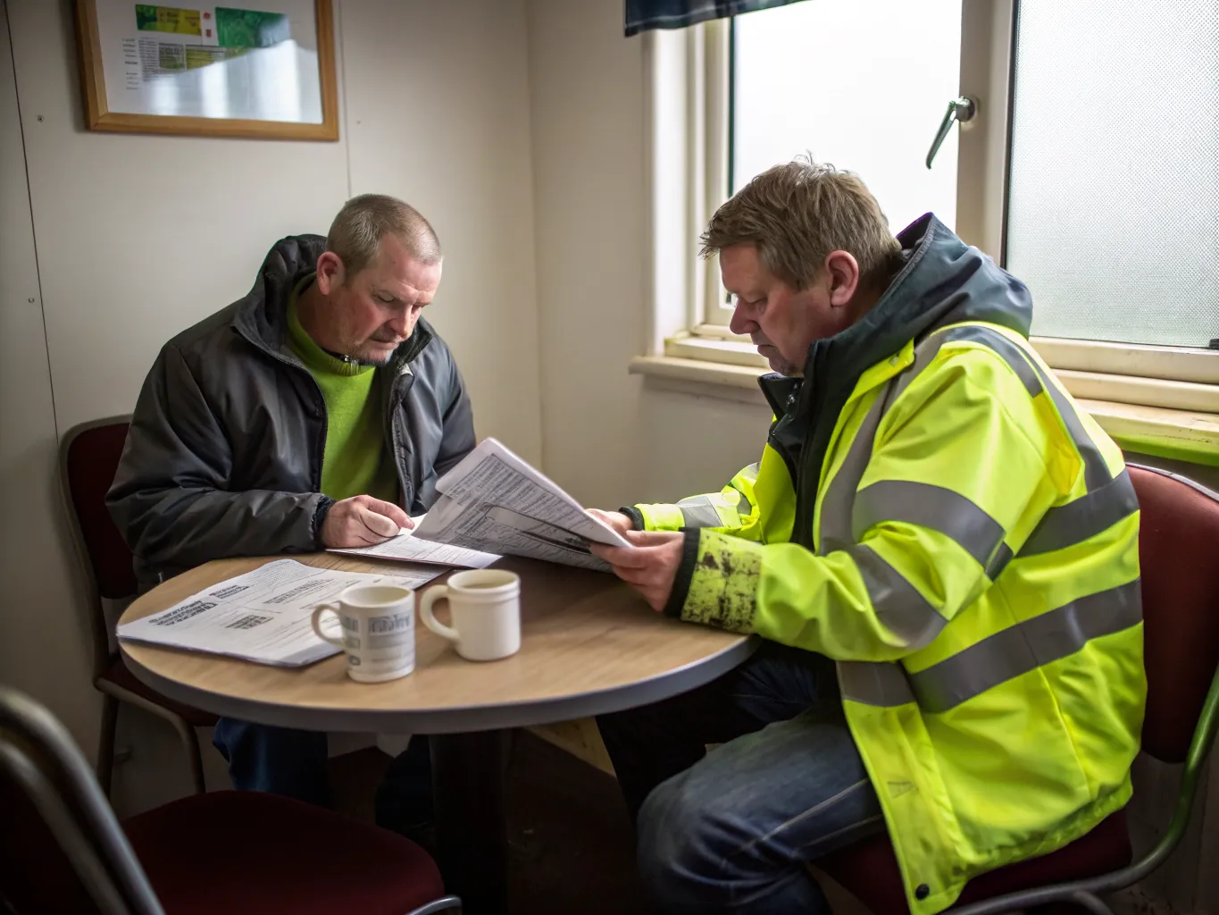 Two colleagues at a site office table review a stack of printed monthly report pages over coffee.